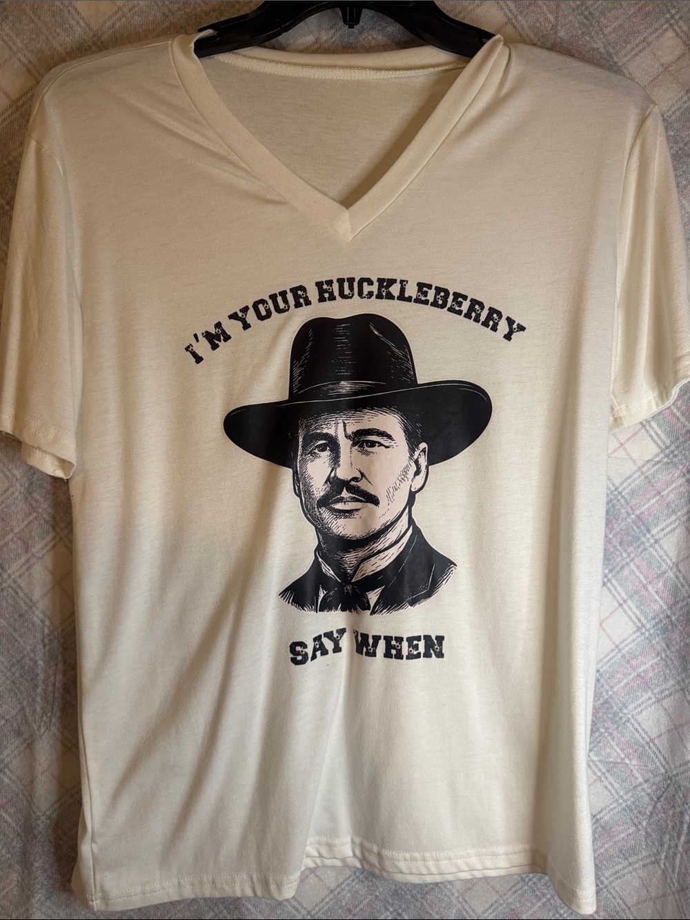 Graphic V-Neck Tee with Western Portrait - Cream & Black